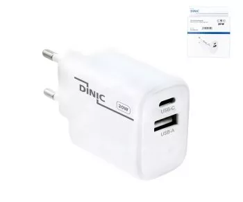 USB C+A laturi/virtalähde 20W, PD, valkoinen, laatikko Power Delivery, valkoinen, DINIC Box -laatikko